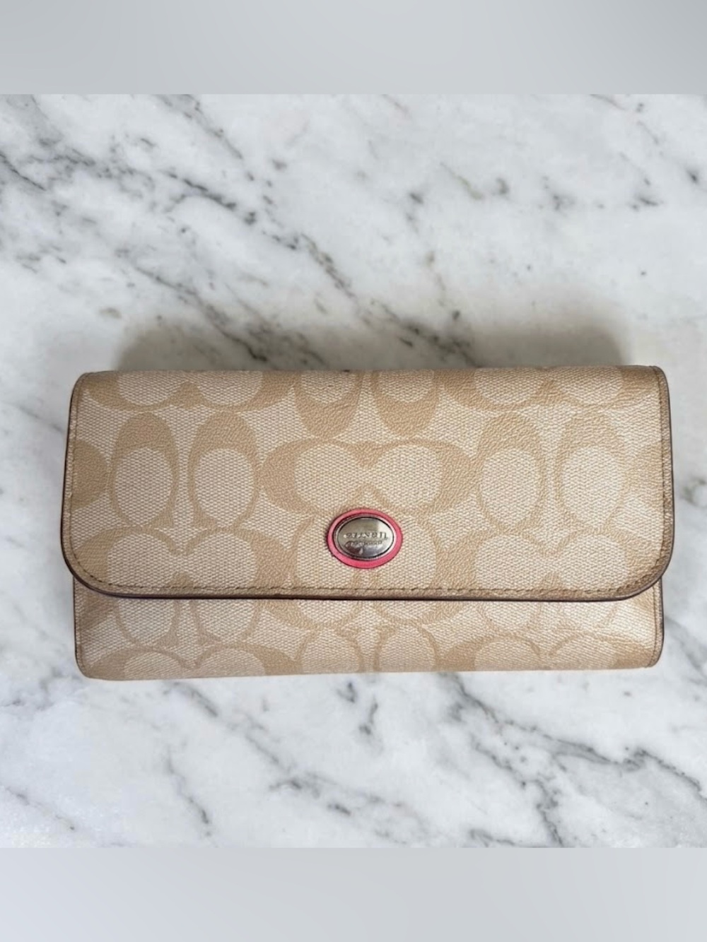 COACH Beige Signature Canvas Wallet & Card Holder with Pink Trim Tri-fold
